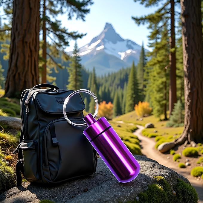 Purple Pill Organizer Mini Pill Box, Metal Pill Box Emergency Medicine Drug Box Tank with Keychain Case Stainless Steel for Outdoor Travel Waterproof Case Outdoor Camping Hiking Traveling Pill Organiz
