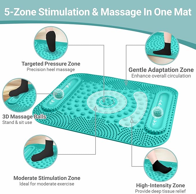 Foot Massage Mat with Two Massage Balls, 5-Zone Acupressure & Reflexology Mat for Various Stimulation, Portable Pressure Point Pad for Feet Relaxation, Pain, Fatigue Relief((Lake Blue)
