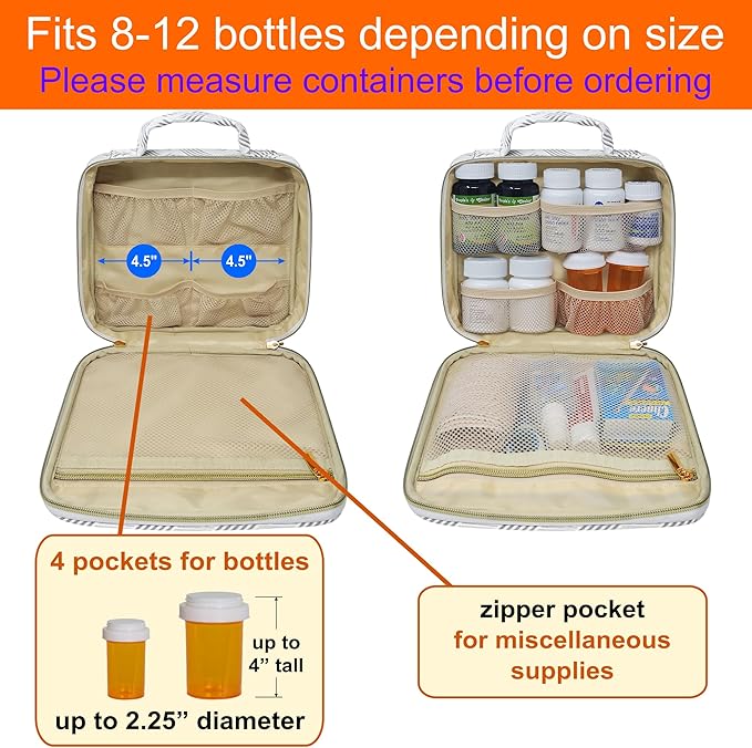 Medium Travel Pill Bottle Organizer, Slim Medicine Bag, Carrier for Medications and Medical Supplies - Jacquard Gray