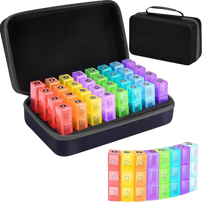 WEEOATAR Month Pill Box Organizer Medicine Planner Pill Dispenser, 3 Times a Day, Easy to Use with Zippers, Medical Supplies with Individual Compartments for Vitamin, Fish Oil, Supplements (Black)