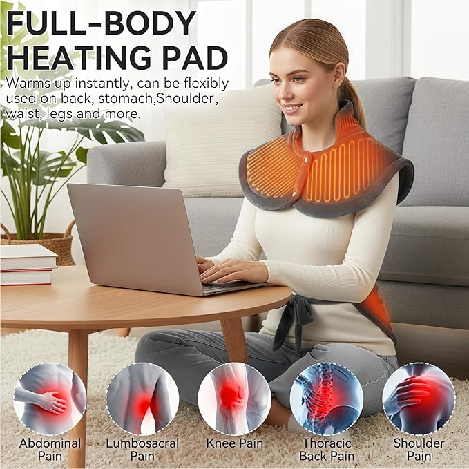 Electric Heating Pad for Neck and Shoulders Back Heating Pad with 9 Heat Levels Auto Timer Portable Heat Wrap for Neck Shoulder Back for Women/Men Relaxing Grey