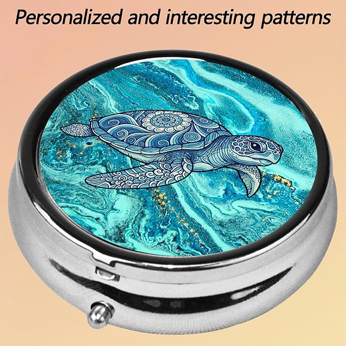Round Pill Case Small Pill Box with Mirror Pocket 3 Compartment Vitamin Pill Medicine Case Organizer Pill Containers for Traveling Sea Turtle Wave Two