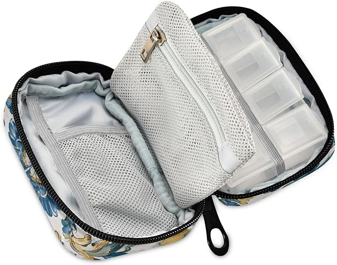 Floral Blue and Yellow Tile Travel Pill Organizer Case Box Container Weekly Portable Vitamin Medicine Holder Storage Bag with Zipper Removable