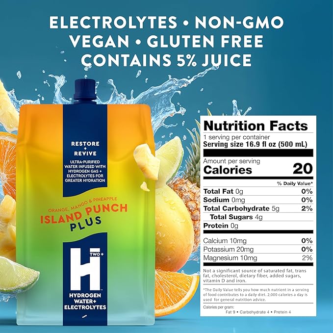 HTWO Plus Molecular Hydrogen Water with Electrolytes, Island Punch Flavor, Sugar Free Hydration Packets, 16.9oz 6 Pack, Energy Sports Drink, Performance & Recovery Support, Alternative to Hydrogenated Tablet - no Prep/Mess, 15 ppm