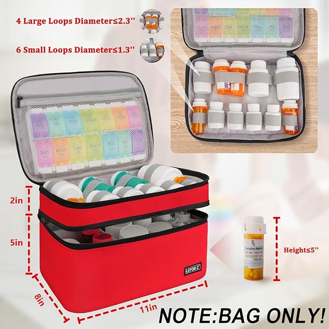 Medicine Storage Bag,Double Layers Pill Bottle Organizer Bag Empty with Lockable Zipper&Adjustable Divider,Medication Travel Carrying Bag for Pills,Vitamins,Medical Supplies,Red