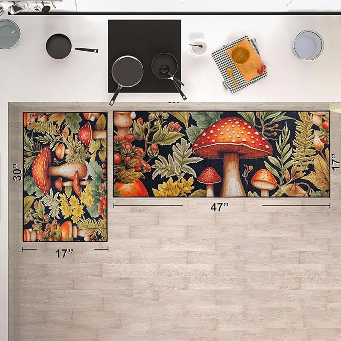 Mushroom Kitchen Mat Set of 2, Kitchen Rugs and Mats Non Slip Washable, Home Decor Low-Profile Kitchen Floor Mat (17”x30“+17''x47'')