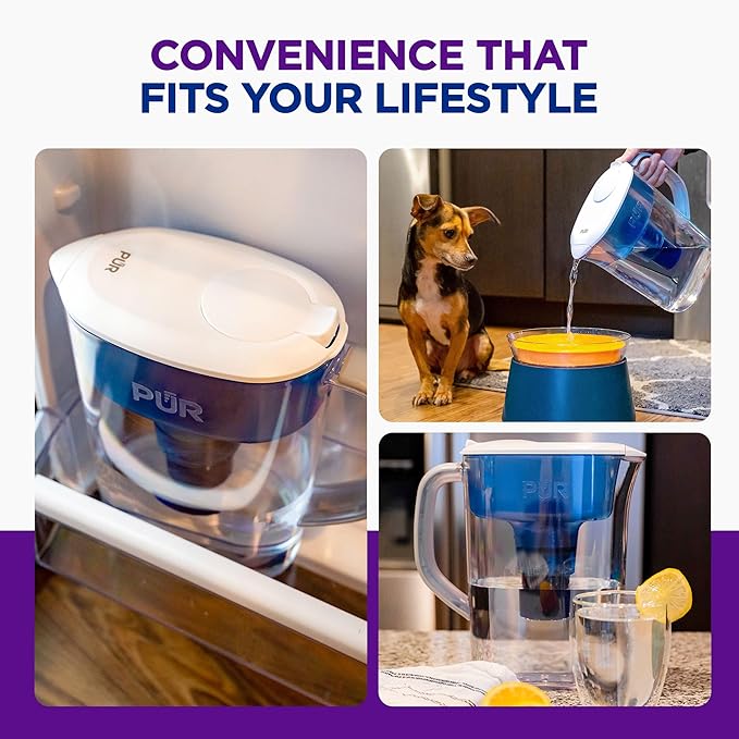 PUR 7-Cup Water Filter Pitcher, Cleaner, Great-Tasting Water, Dishwasher Safe, Powerful, Faster Filtration, LockFit Cap Design - White