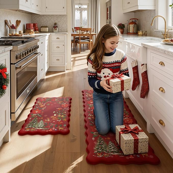 Collive Christmas Anti Fatigue Mats for Kitchen Floor, Xmas Tree Scalloped Kitchen Rugs Sets of 2 Waterproof Padded Floral Rug, Memory Foam Comfort Standing Mat Non Slip for Office, Sink, Laundry, Red