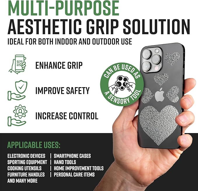 Dragon Grips Heart Stickers - 10 Pcs Chrome Heart-Shaped Rubberized Grip Stickers - Waterproof, Multi-Purpose, Non-Slip, Textured Cell Phone Grip Tape for Laptop, Mouse, Tablet, iPad, iPhone Case