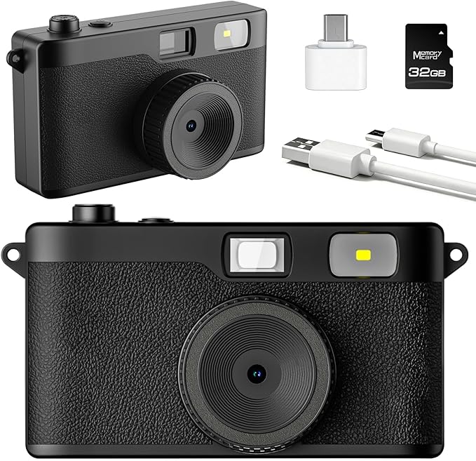 Screen Free Digital Camera, Reusable 12MP Vintage Digital Camera with Unlimited DIY Filters, OTG Support and Flash Light for Summer Camp with 32GB Micro SD Card, OTG Adapter and Type-C Cable（Black）