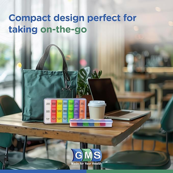GMS 7-Day 3-Times-a-Day Pill Organizer - With Daily Removable Medication Containers, Suitable for Vitamin & Medicine Use - Secure, Sturdy, Waterproof Weekly Tablet Organizer, Ideal Pill Box for Travel