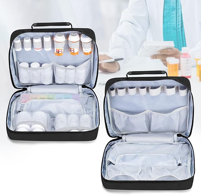 Damero Pill Bottle Organizer, Medicine Bottles Storage Bag Medication Travel Carrying Case for Pill Organizer, Vitamins, Medical Supplements, Black, Patent Design