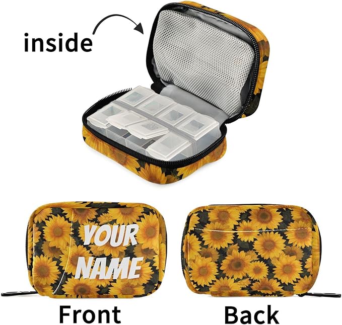 Sunflower Zipper Travel Medicine Bag Flower Vintage Large Capacity Pill Storage Bag Unisex Printed Pill Organizer for Medicine Vitamin, Travel Pill Box Pouch with Customized Name