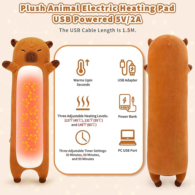 Capybara Heating Pad-USB Heated Plush Stuffed Animals for Period Cramps and Menstrual Pain Relief,20” Portable Electric Heating Pad,Built-Pocket Plushie for Women Mom Girls Birthday Gifts