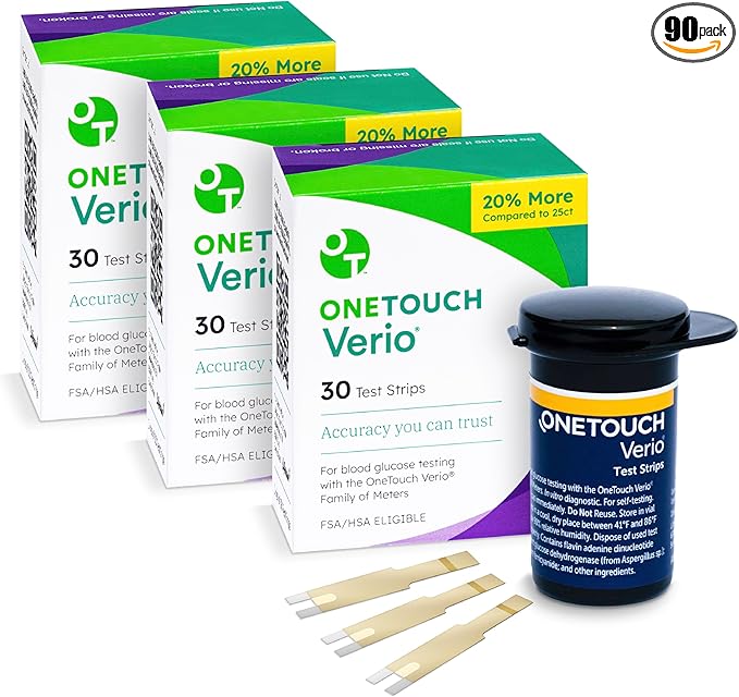 OneTouch Verio Test Strips - 90 Count - Diabetic Test Strips for Blood Glucose Meter & Daily Blood Sugar Levels - 30 Count/Pack (3 Pack)
