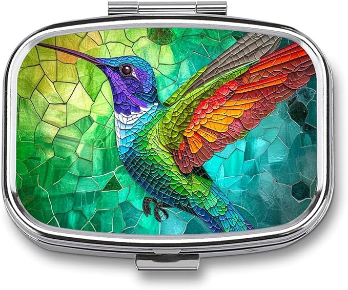 Colorful Humming Bird Pill Box 2 Compartment Stained Glass Portable Medicine Pill Case Travel Pill Organizer for Pocket Purse