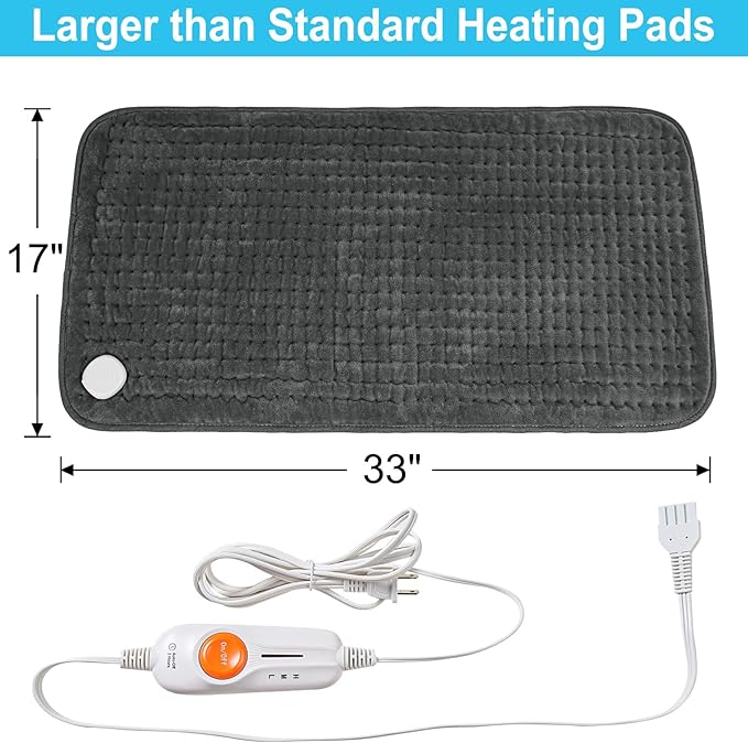 Boileau Electric Heating Pad for Back Pain and Period Cramps Relief, 17"x33" Extra Large XXXL, 3 Heating Levels Heat Pad with 2-Hour Auto Shut Off, Gifts for Women and Mom, Grey