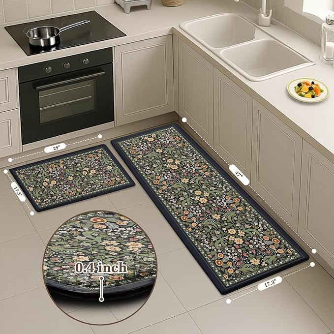 Arttown Kitchen Mats for Floor 2Pcs-Anti Fatigue Non Slip Mats for Kitchen Floor, Cushioned Waterproof & Stain-Resistant Plant Floral Mat Set, Laundry Room, Office, Sink, Desk (Black)