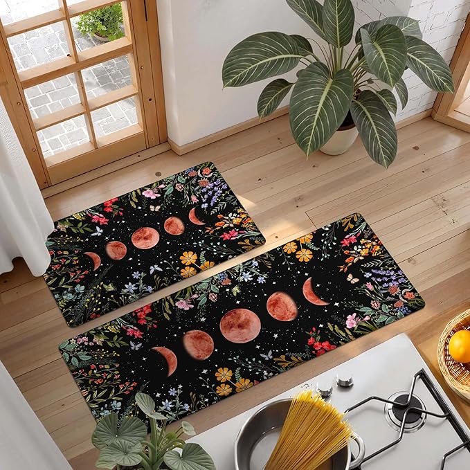 Kitchen Rug Mats for Floor Cushioned Anti Fatigue Black Kitchen Rugs Sets of 2 Moon Garden Floral Non Slip Waterproof Comfort Memory Foam Standing Floor Mat for Office Laundry Sink Desk