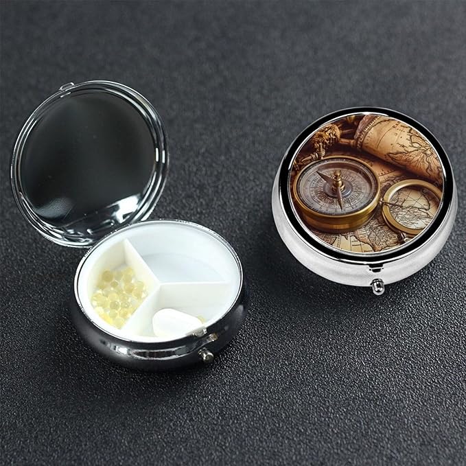 Compass and Old World Map Pill Box 3 Compartment Small Pill Case for Purse & Pocket Decorative Metal Medicine Case Travel Pillbox Round Pill Organizer Vitamin Container Unique Gift