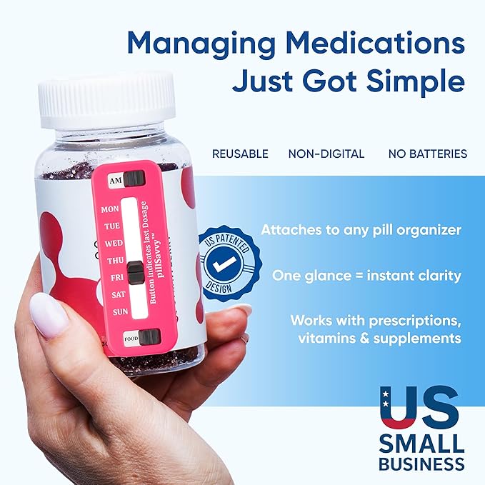 PillSavvy™ Daily Pill Tracker – Non-Digital, Reusable Medication Reminder for Bottles & Organizers – Easy to Use, Curved Back – Track Prescriptions, Vitamins, Supplements & Pet Meds (White, 5 Pack)