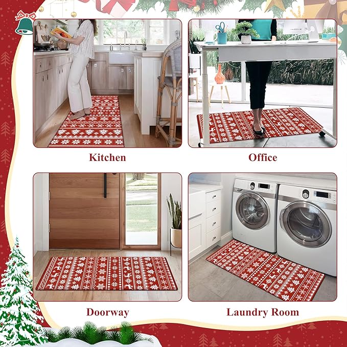 SHACOS Christmas Kitchen Rugs Set of 2 Anti-Fatigue Kitchen Mats Cushioned Red Mats White Deer Snowflakes Christmas Trees Boho Style Kitchen Mats and Rugs for Xmas 17x27.5+17x47, Boho Red