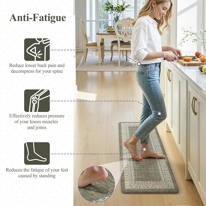 LEEVAN Green Kitchen Mats for Floor Sets of 2,Anti Fatigue Cushioned Memory Foam Kitchen Mat,Farmhouse Ergonomic Boho Non Slip Kitchen Floor Mat for Sink,Laundry,Home,Office,Desk(17''x29''+17''x47'')