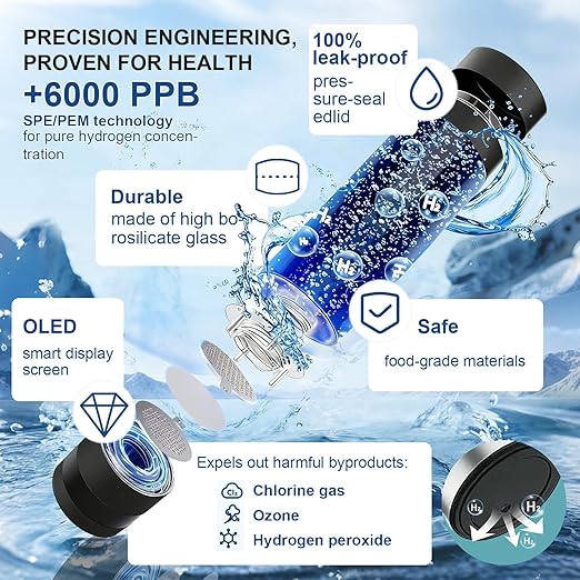 Hydrogen Water Bottle Generator - SPE/PEM Tech Hydrogen Water Machine - 6000 PPB Portable hydrohealth Water Bottle for Kidney Health Hydrogen Bottle with OLED Display (S Touch/Sliver/Coated)