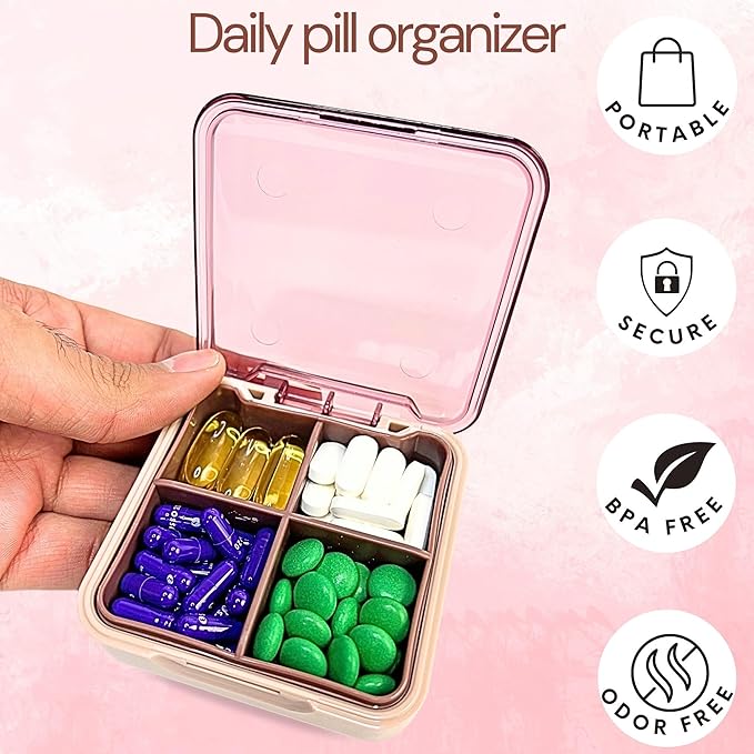 Pink- Small Pill Case with Silicone Pill Pouch, 4 Compartment Pill Organizer, Zipper Pill case, Small Pill Box for Purse, Sturdy Hinge, Multi Purpose, for Vitamins & Supplements, BPA Free