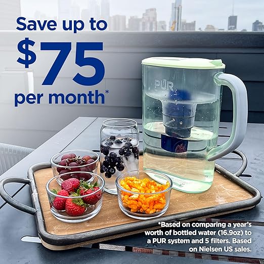 PUR 7-Cup Water Pitcher, 1 Genuine Filter, Cleaner, Great-tasting Water, Dishwasher Safe, Powerful, Faster Filtration, LockFit Cap Design - Lime