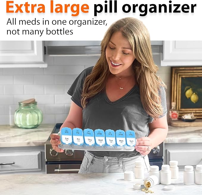 Extra Large Weekly Pill Organizer - XL Vitamin Holder with 7 Detachable AM PM Compartments - Portable Medicine Dispenser for Home and Travel, Big Supplement Container for Weekly or Daily Use, Blue