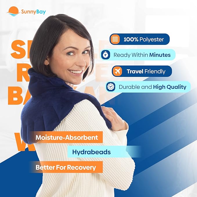SunnyBay Microwave Heating Pad, Microwavable Heated Neck and Shoulder Wrap with Extra Coverage for Upper Back Pain Relief, Odorless Weighted Dual Purpose Cape for Moist Hot or Cold Therapy, Blue