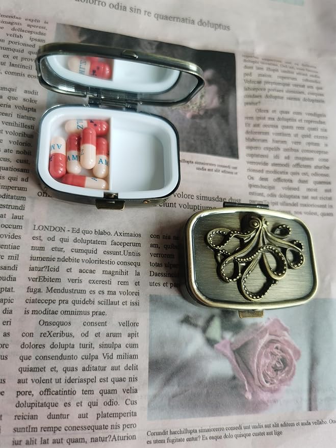 Hidad Bronze Retro Portable Travel Pill Organizer - Octopus Sign Small Pill Box for Purse or Pocket, Cute Durable Portable Mini Pill Case,Pill Bottle Container, Hold Vitamin Medicine Pill Dispenser