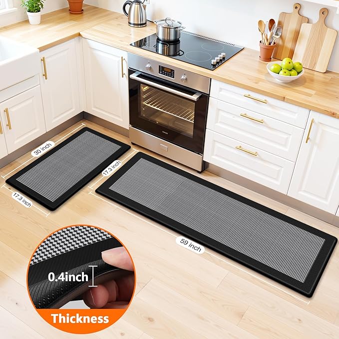 Kitchen Mats, 2PCS Kitchen Rugs for Floor, Cushioned Anti-Fatigue Mats for Kitchen Floor, Non-Slip Standing Desk Mat for Sink, Home, Laundry & Office, 17.3"x30"+17.3"x59" (Black)