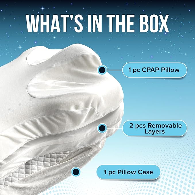JJ CARE CPAP Pillow for Side and Back Sleepers with Pillowcase (Pack of 1), 3 Layered Design and Adjustable Height CPAP Pillow, CPAP Masks Users (2 Removable Layer)