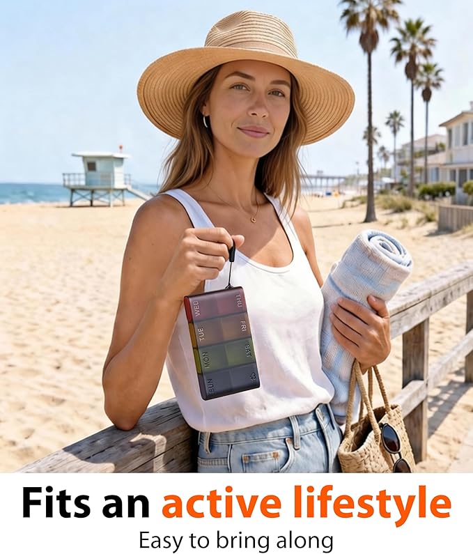 Travel Pill Organizer – Weekly Case for Once-Daily Use, Compact Pill Box 7 Day for Purse, Smooth Slide-Out Access, 8 Compartments for Daily Vitamins and Supplements, Easy to Use at Home or On the Go