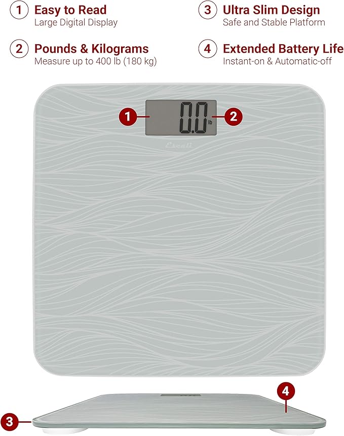 Escali Digital Glass Bath Scale for Body Weight, Bathroom Body Scale, High Capacity of 400 lb, Battery Included, Grey Waves