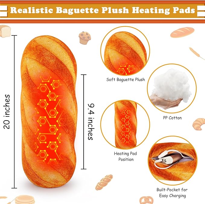 Baguette Bread Heating Pad-USB Heated Plush Stuffed Pillow for Period Cramps and Menstrual Pain Relief,20” Portable Electric Bread Plush Heat Pad,Plushies Gifts for Girls Birthday