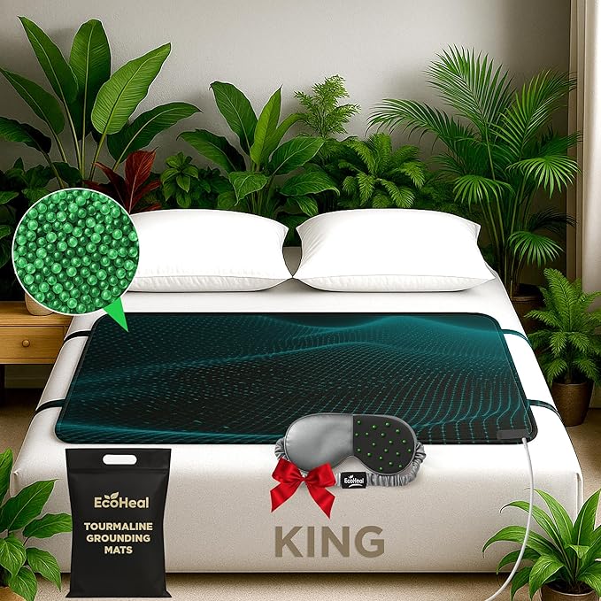 Luxury Tourmaline Grounding Mat King 75” x 27” for Bed & Desk – Conductive PU Leather Surface, Quality Certified, Includes Silver Sleep Mask & 15ft Cord