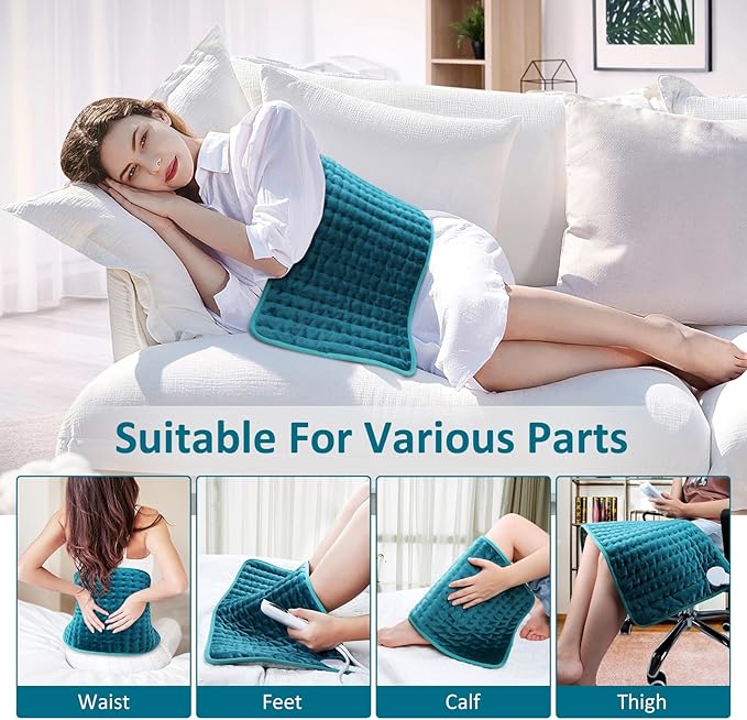 Heating pad for Back/Shoulder/Neck/Abdomen, Electric Heating Pads with 6 Fast Heating Settings, Auto-Off, Soft Machine Wash Fabric, Birthday Gifts for Women Mom, Extra Large 12"x24", Blue