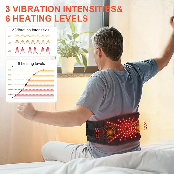YUANBO Lower Back Heating Pad with Massager for Back Pain Relief, Cordless Heated Back Brace Vibration Wrap with 6 Heat & Timer, Heating Support Belt for Lumbar - Gifts for Mom & Dad