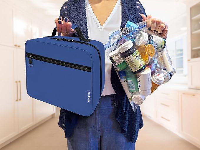 Large Pill Bottle Organizer - 10 Pockets Medicine Bag for Travel & Home Storage - Blue