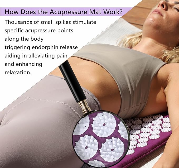 Acupressure Mat & Pillow Set – Extra-Long 29” Acupressure Therapy for Back & Neck Pain Relief, Sciatica, Stress Relief & Sleep Support – Includes Carry Bag & Hot/Cold Pack (Purple)