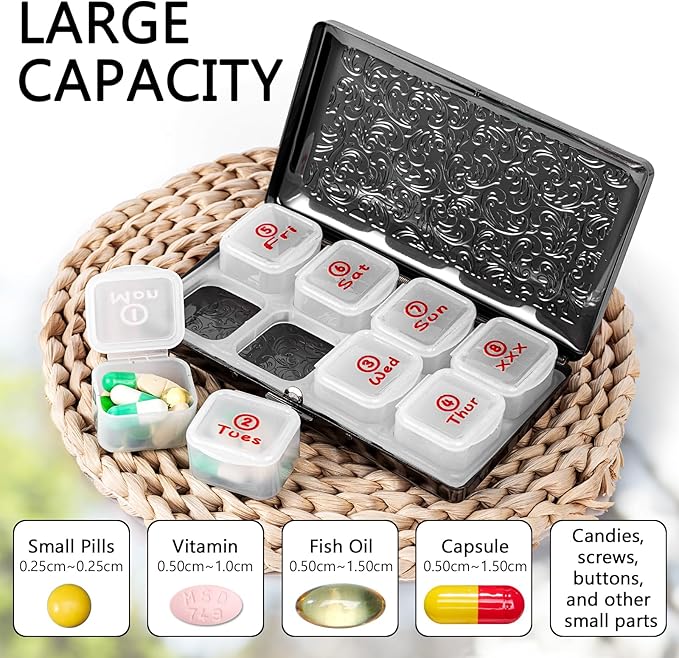 Portable 7-Day Metal Pill Case, Featuring 8 Compartments—Perfect for Travel. BPA-Free. (L-Black, Large)