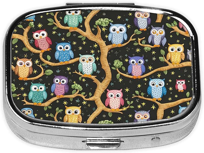 Pill Box-2 Compartment Small Pill Case Square Organizer Case with Mirror Portable Metal Medicine Box Travel Container for Pocket & Purse Women Men(Owl)