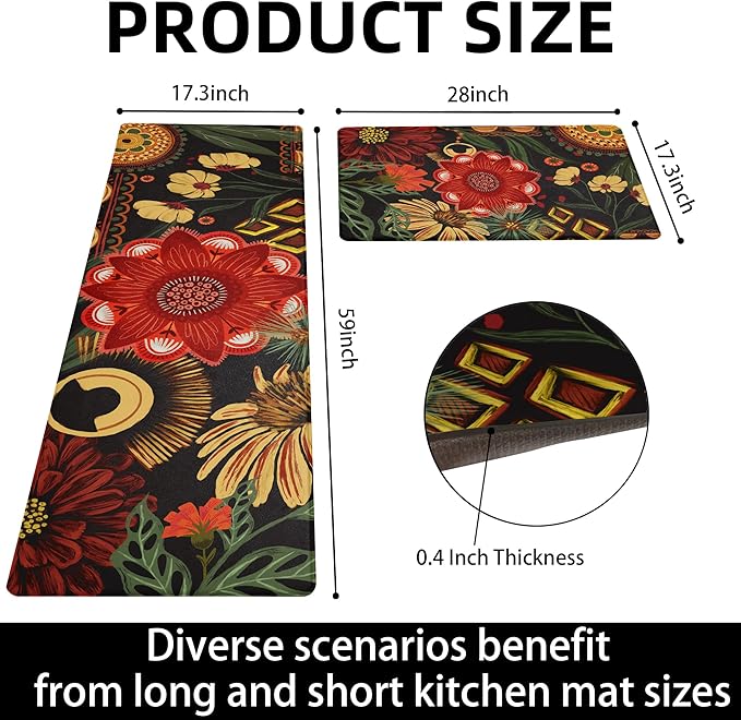 Black Boho Floral Long Kitchen Mats Rugs Sets of 2 Cushioned Anti Fatigue Floor Mat Comfort Kitchen Rugs Farmhouse Style Non Slip Waterproof Mid Century Botanical Standing Mat for Sink Laundry