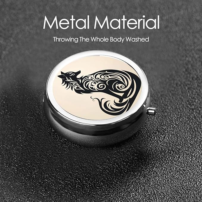 Nordic Art Tattoo Fox Pill Box 3 Compartment Pill Case, Portable Medicine Pill Organizer for Pocket Purse Pill Box Decorative Metal Medicine Vitamin Organizer