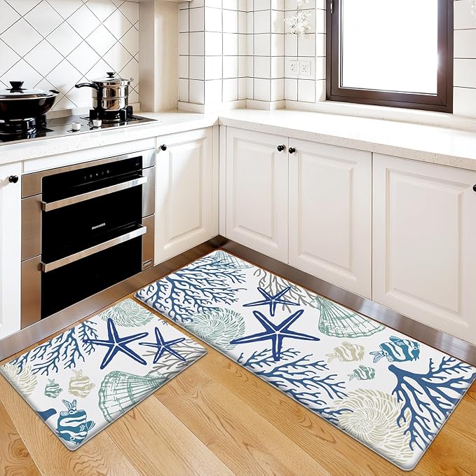 SHACOS Coastal Kitchen Rugs Set of 2 Anti-Fatigue Kitchen Mats Summer Cushioned Mats with Sea Themed White Blue Starfish Shell Coral Tropical Fish 17x27.5+17x47, Coastal Beach