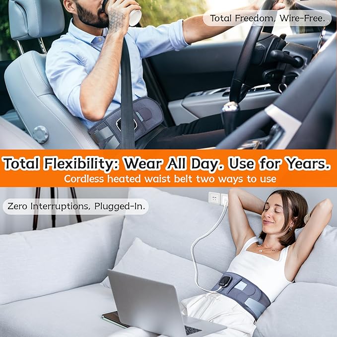 47-67" Electric Heating Pads for Back Pain,Cordless Heating Pad for Lower Back Massager,Lumbar Support Heated Brace,5 Vibration&3 Heat Portable Waist Wrap Belt for Cramps,Gift for Men Women