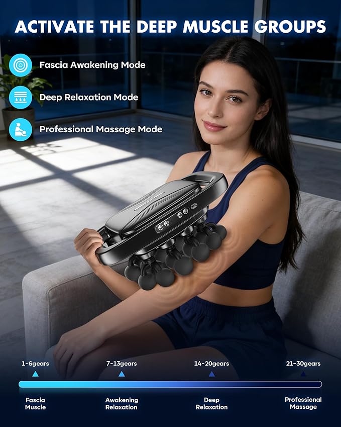 20-Head Massage Gun Set, 3200mAh Electric Deep Tissue Percussion Massager with 3 Modes & 30 Intensities, Quiet Muscle Massage Gun for Back, Shoulders, Legs, Foot, Body Muscle Pain Relief（Matte Black）